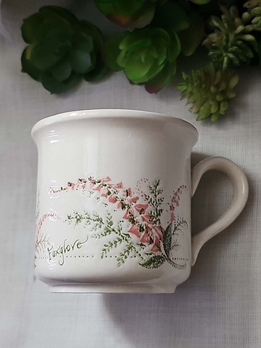 White Ceramic Foxglove Floral Mug Shabby Chic Appeal